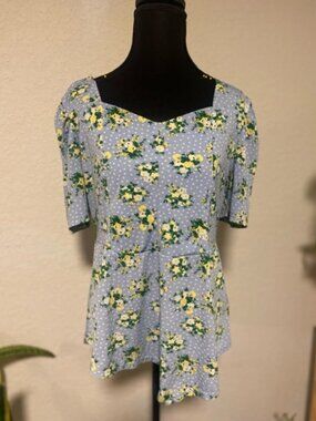 Romantic Cottagecore Floral Print Women's Blouse in Blue, Peplum Style, Feminine